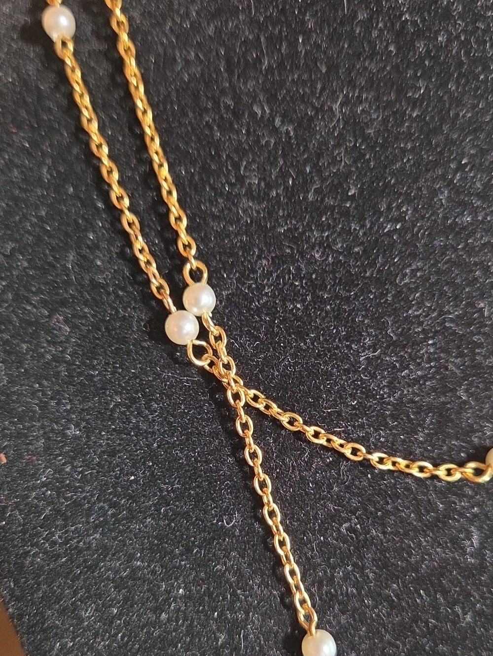 Gold Chain Necklace with White Glass Pearl Beads - Picture 2 of 3